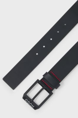Leather belt with matte-black logo-trim buckle, Black