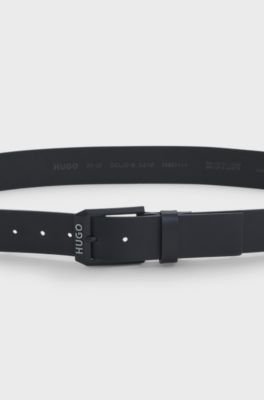 Leather belt with matte-black logo-trim buckle, Black