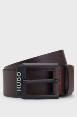 Leather belt with matte-black logo-trim buckle, Dark Brown