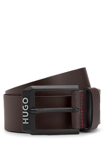 Leather belt with matte-black logo-trim buckle, Dark Brown