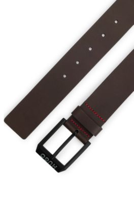 Leather belt with matte-black logo-trim buckle, Dark Brown