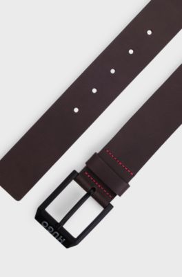 Leather belt with matte-black logo-trim buckle, Dark Brown