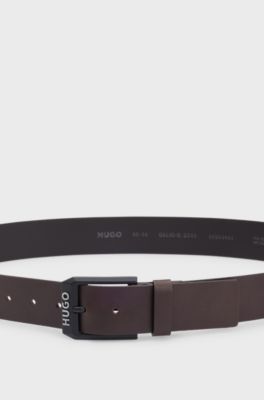Leather belt with matte-black logo-trim buckle, Dark Brown
