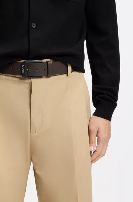 Leather belt with matte-black logo-trim buckle