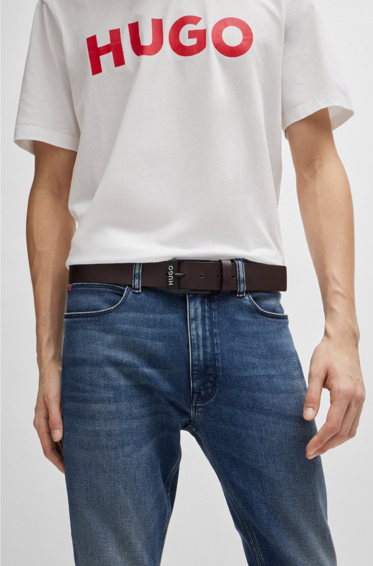 belt with HUGO buckle Leather logo-trim matte-black -