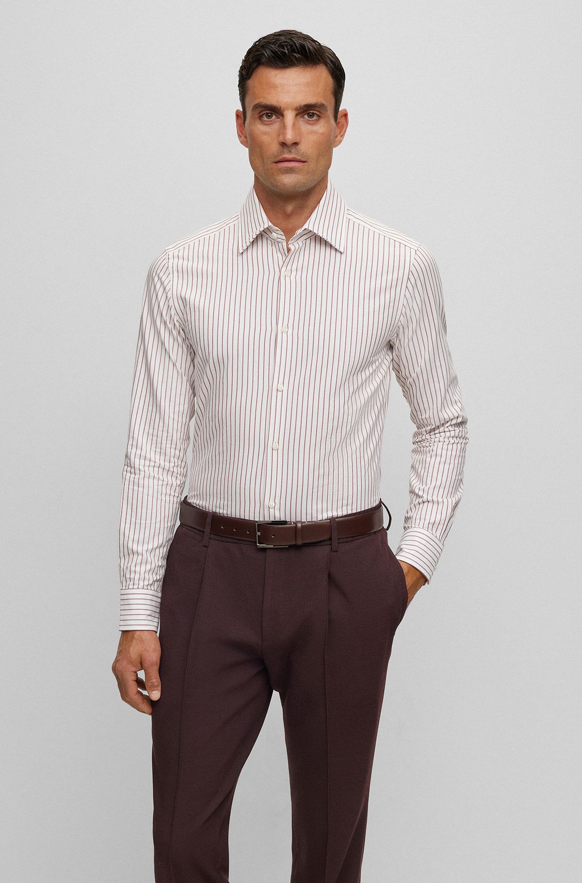Slim-fit overhemd in een gestreepte katoentwill, Wit met dessin