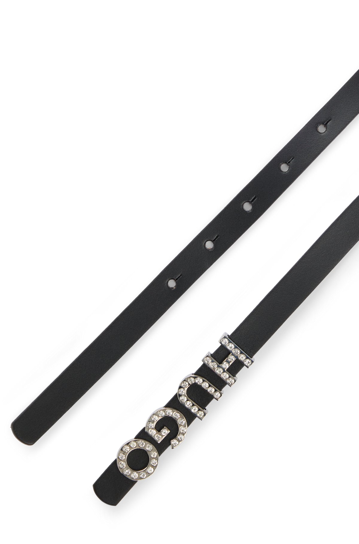 Cintura in pelle italiana con fibbia con logo decorata con cristalli, Nero
