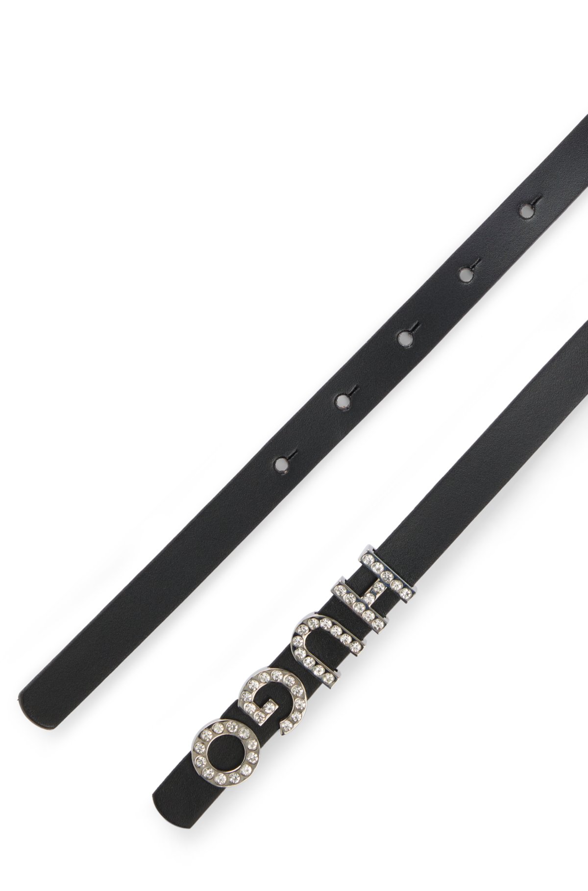 Italian-leather belt with crystal-embellished logo buckle, Black