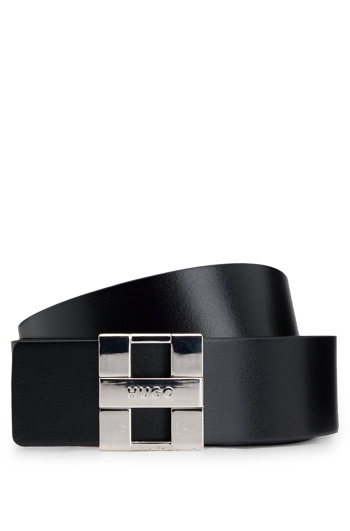 Cinturón reversible de piel italiana con hebilla con placa de la marca, Negro