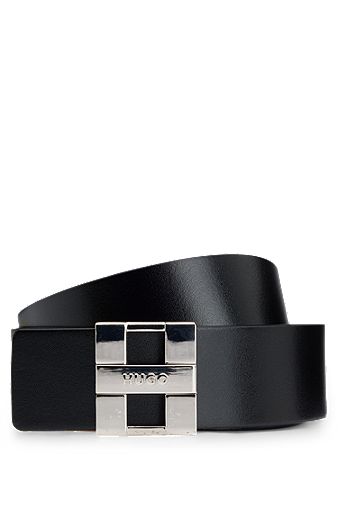 Cinturón reversible de piel italiana con hebilla con logo, Negro