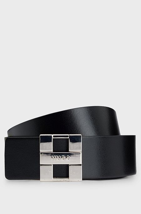 Italian-leather reversible belt with logo buckle, Black