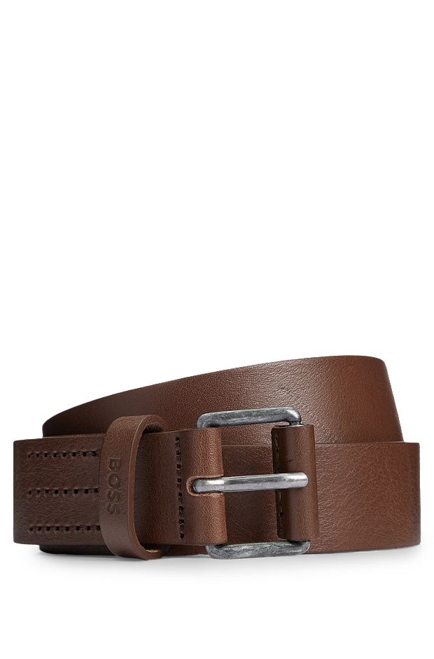 Leather belt with logo-embossed keeper, Dark Brown