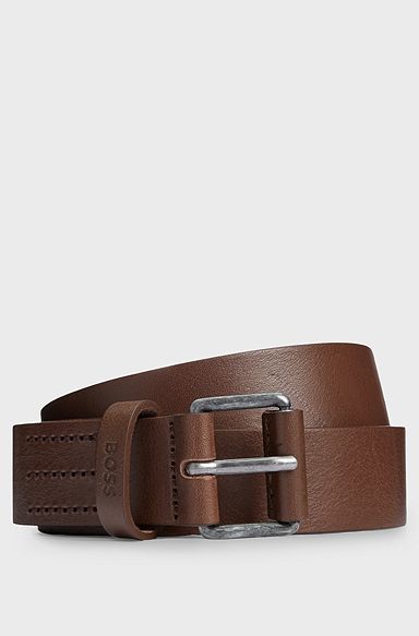Leather belt with logo-embossed keeper, Dark Brown