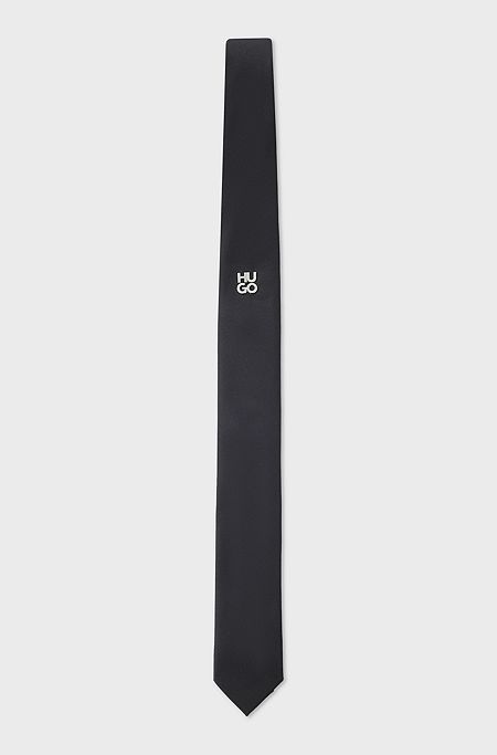 Jacquard-woven tie with metallic stacked-logo trim, Black