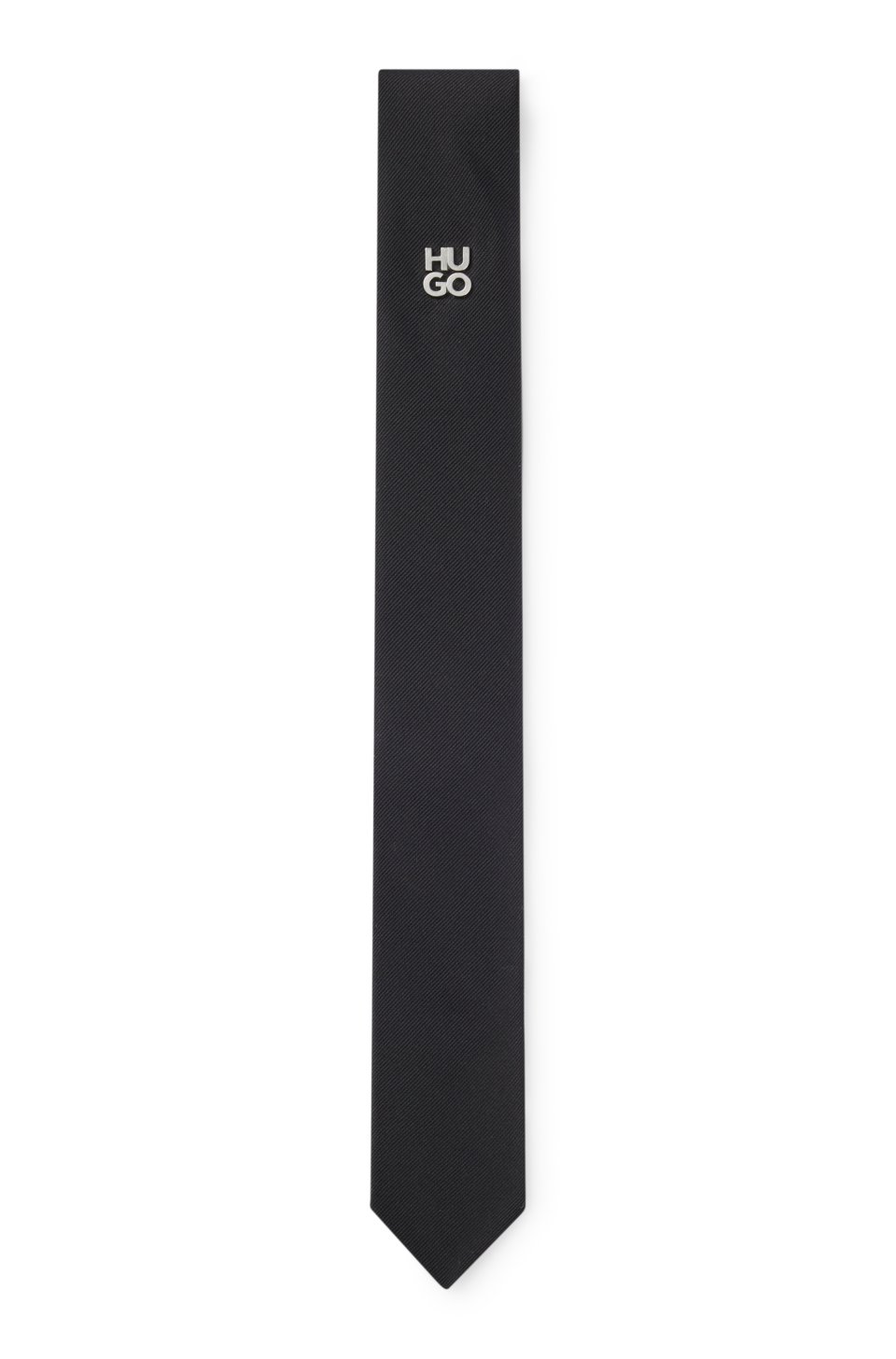 Jacquard-woven tie with metallic stacked-logo trim