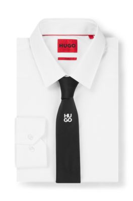 Jacquard-woven tie with metallic stacked-logo trim, Black