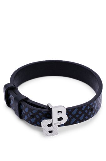 Leather cuff with adjustable double-monogram clasp, Blue Patterned