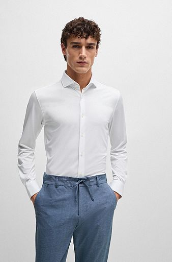 Slim-fit shirt in structured performance-stretch fabric, White