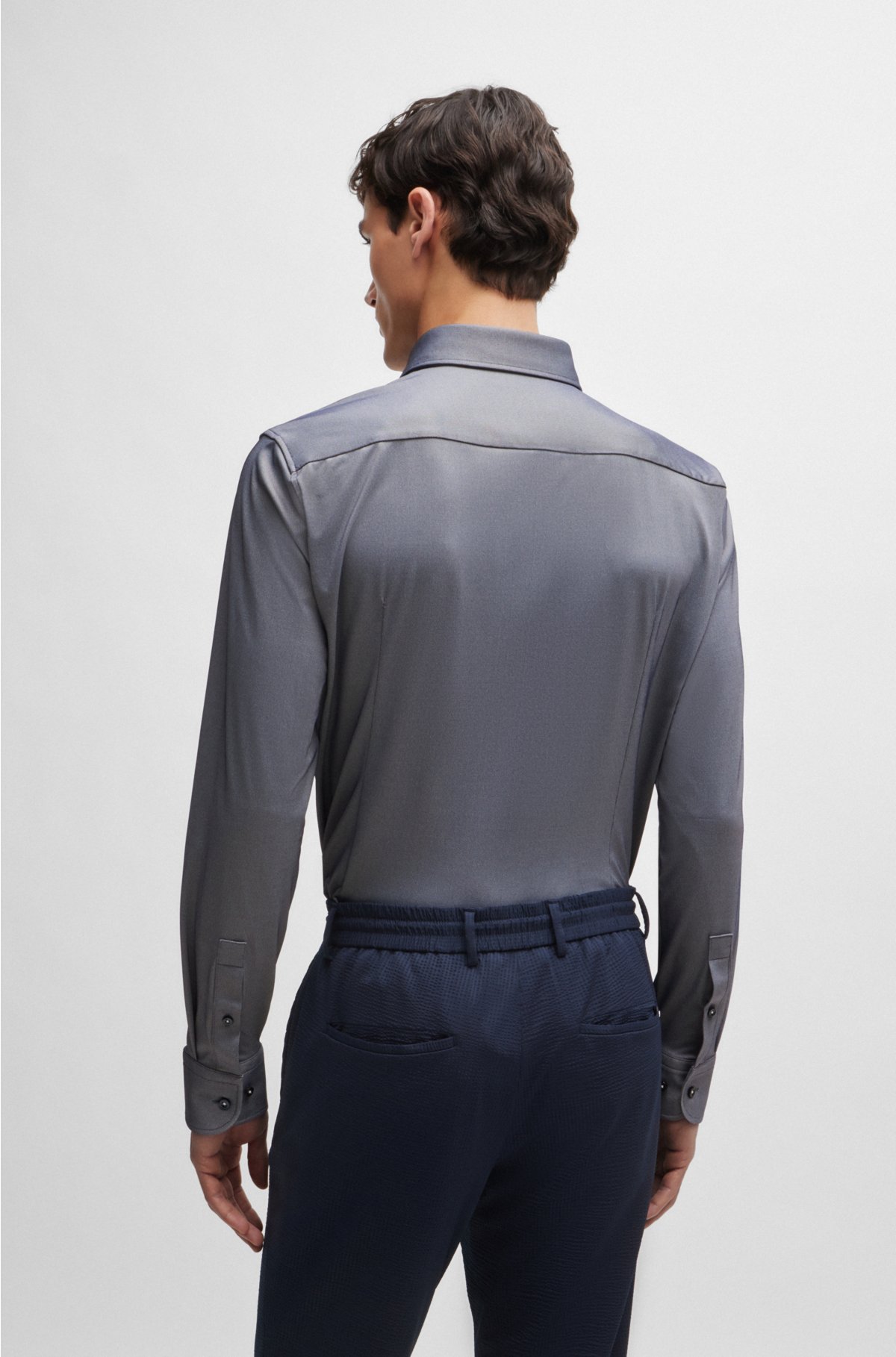 Slim-fit shirt in structured performance-stretch fabric, Dark Blue