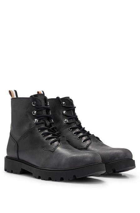Half boots in pull-up leather with embossed logo, Dark Grey