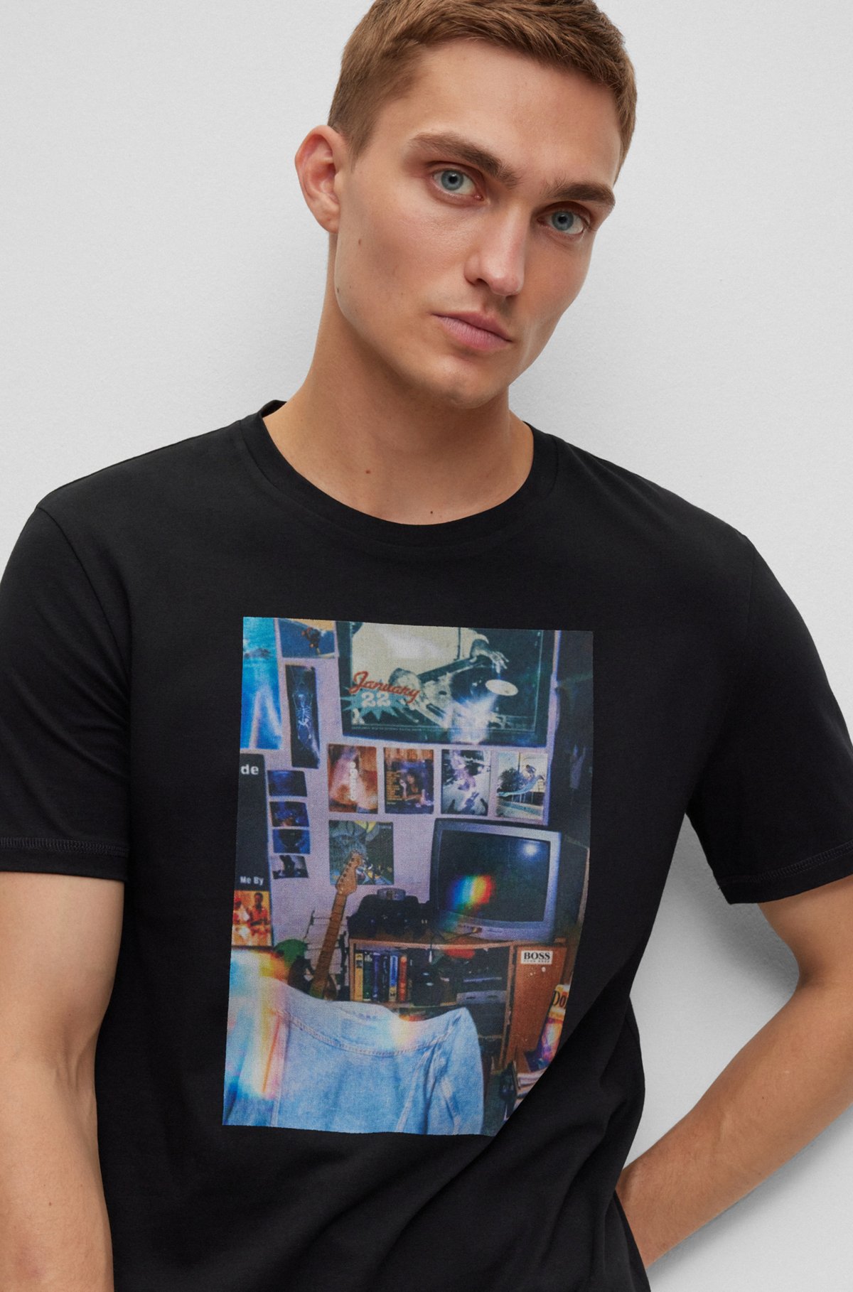 T-shirt regular fit in jersey di cotone con grafica della collezione, Nero