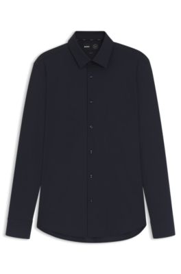 Slim-fit shirt in performance-stretch jersey, Dark Blue