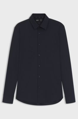 Slim-fit shirt in performance-stretch jersey, Dark Blue