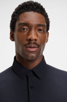 Slim-fit shirt in performance-stretch jersey, Dark Blue
