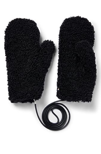 Teddy mittens with connecting cord and lining, Black