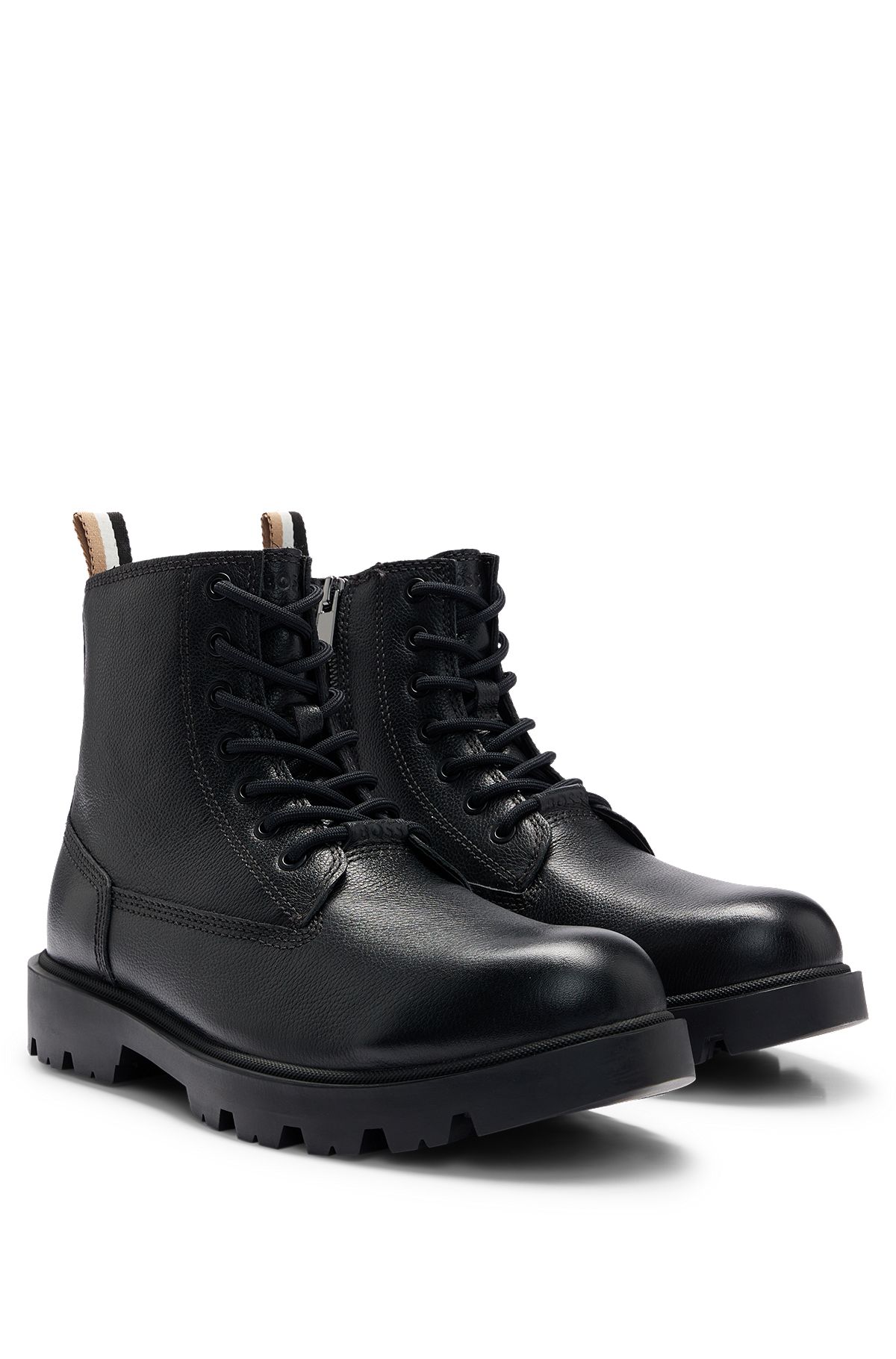Half boots in grained leather with signature-stripe tape, Black