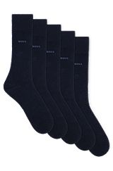 Cinco pares de meias de cano médio em mistura de algodão, Azul-escuro
