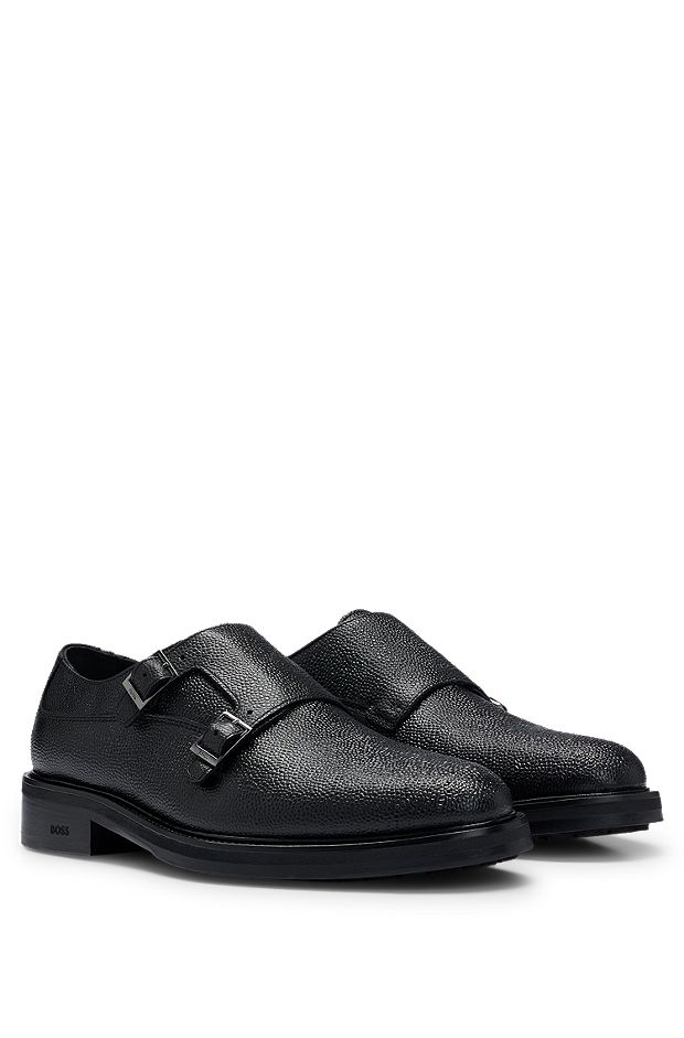 Grained-leather monk shoes with double strap, Black