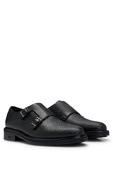 Grained-leather monk shoes with double strap, Hugo boss