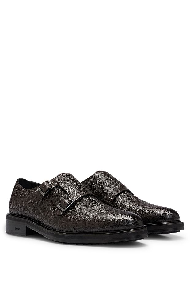 Grained-leather monk shoes with double strap, Dark Brown