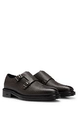 Grained-leather monk shoes with double strap, Dark Brown