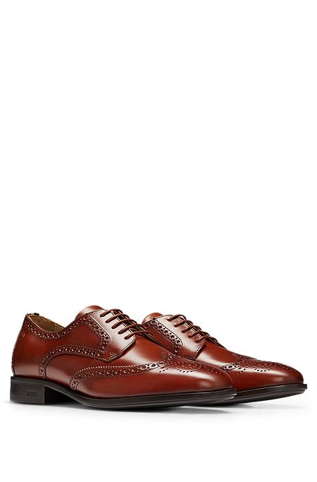 Derby shoes in leather with brogue details, Brown