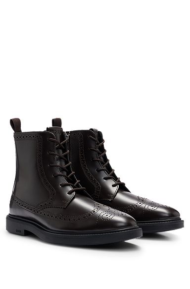 Half boots in brush-off leather with brogue detailing, Dark Red