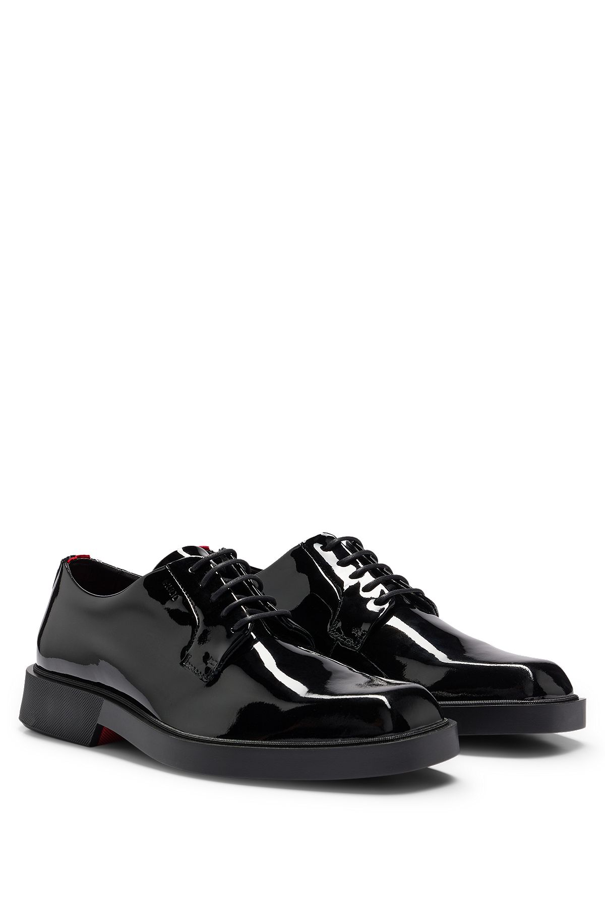 Patent-leather Derby shoes with signature pull loop, Black