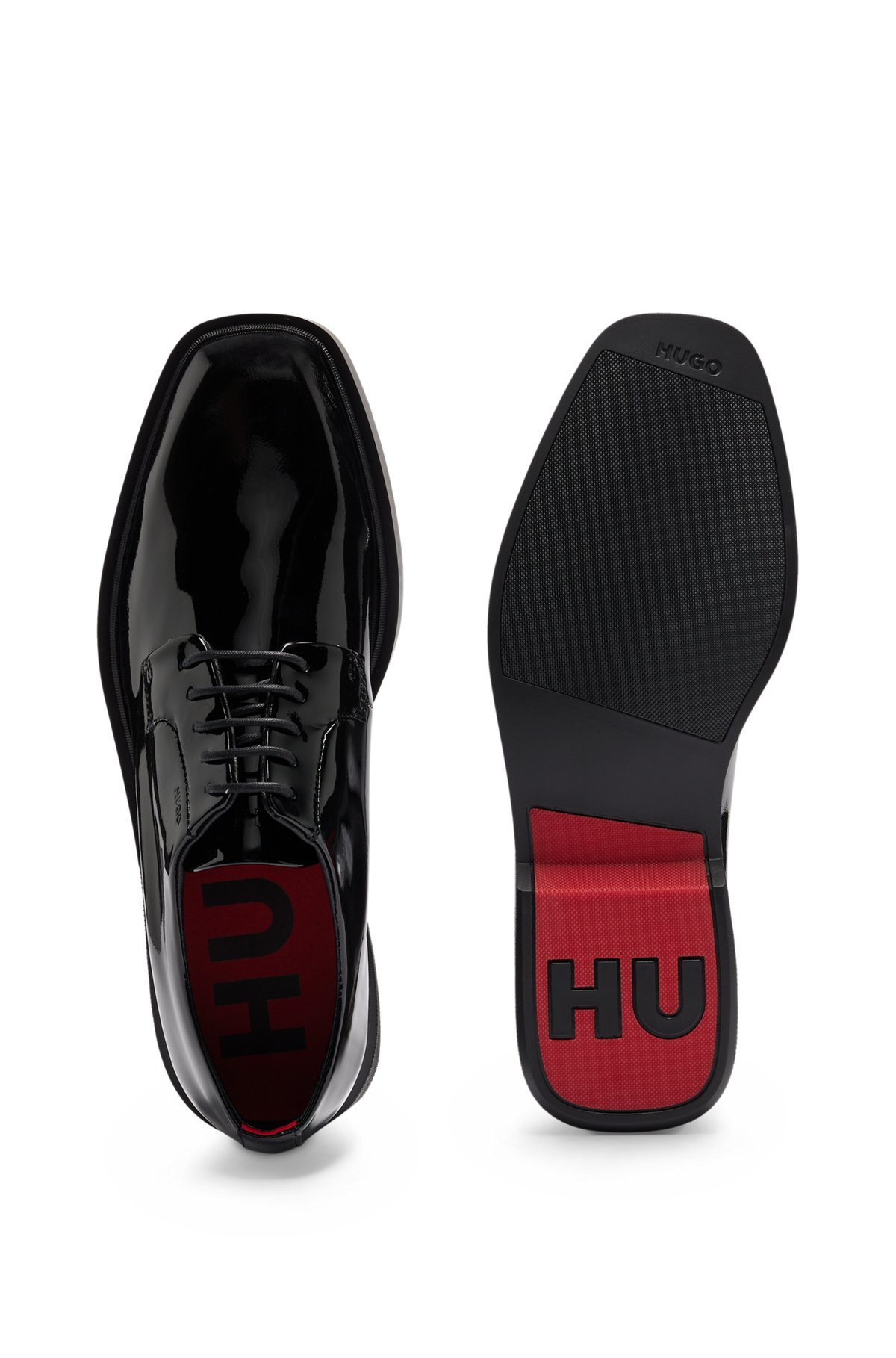 HUGO - Patent-leather Derby shoes with signature pull loop