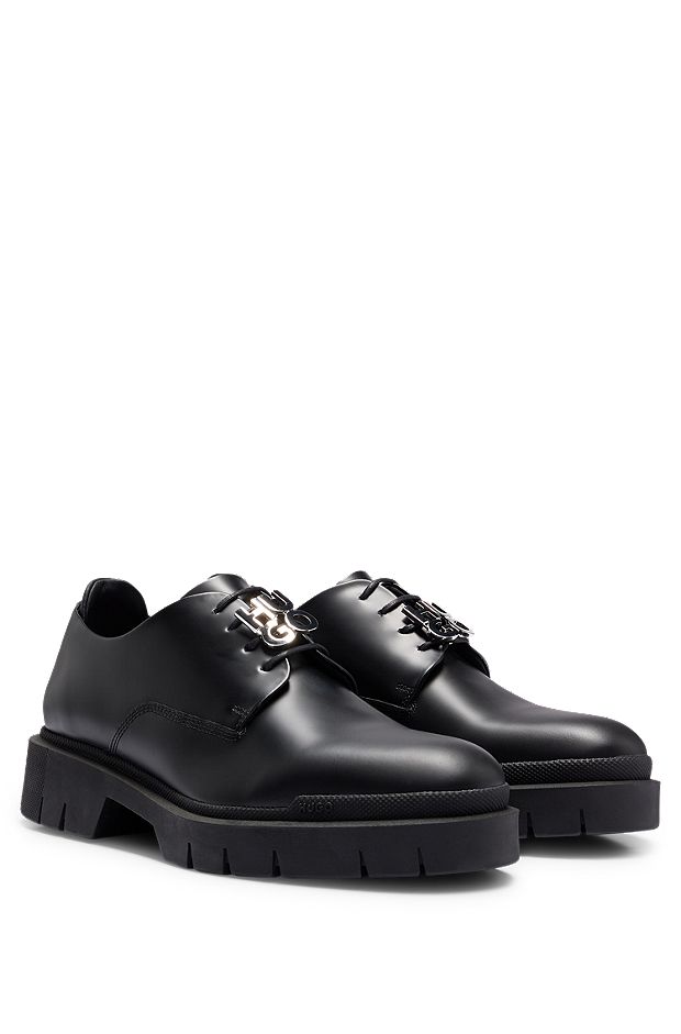 Leather Derby shoes with logo lace detail, Black