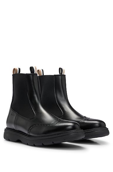 Brogue Chelsea boots in brush-off leather, Black