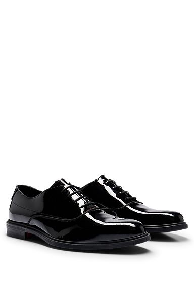 Patent-leather Oxford shoes with stacked logo, Black