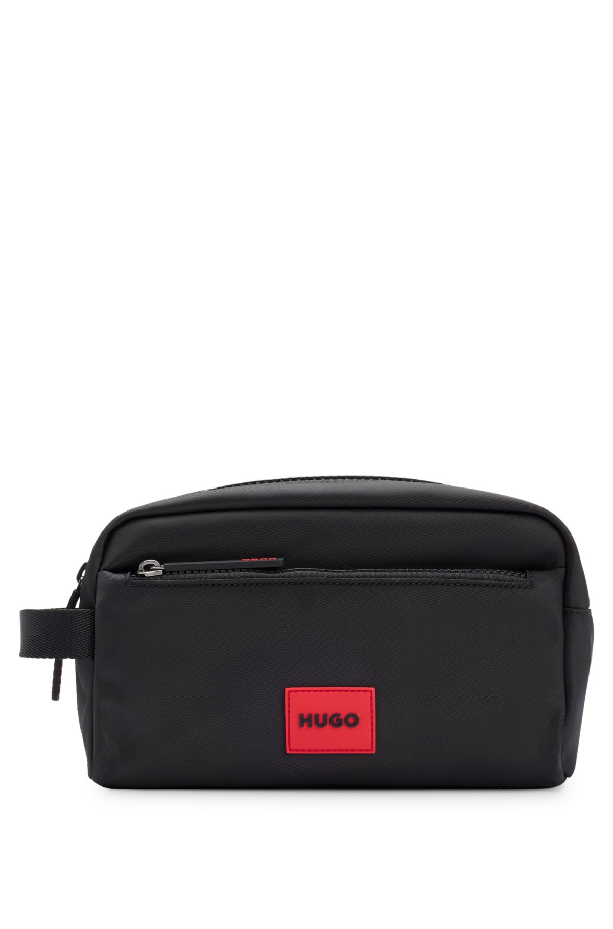 Structured-material washbag with red logo label, Black