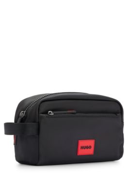 Washbag in structured fabric with red logo label, Black