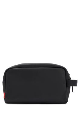 Washbag in structured fabric with red logo label, Black