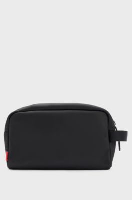 Washbag in structured fabric with red logo label, Black