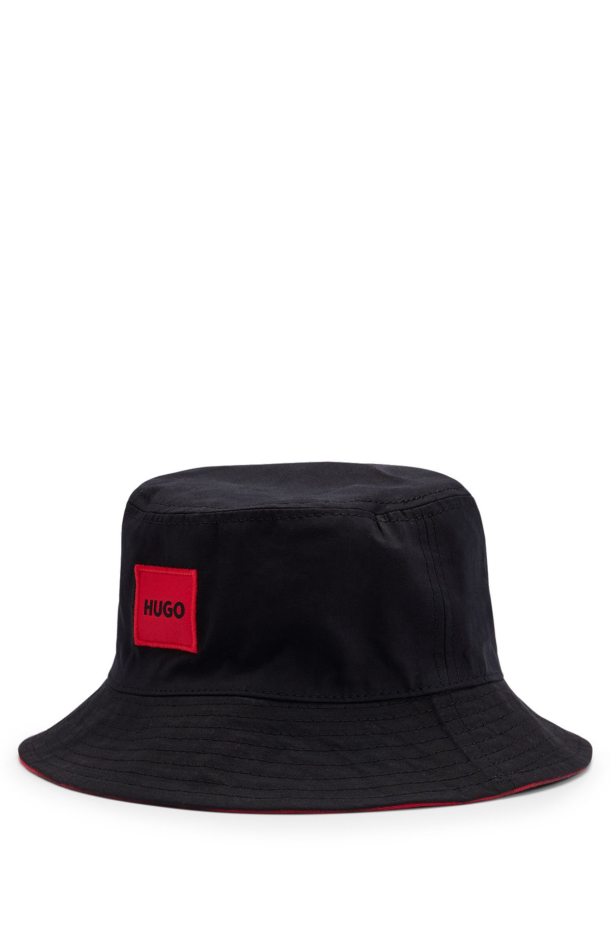 Cappello da pescatore in twill di cotone con etichetta con logo rossa, Nero