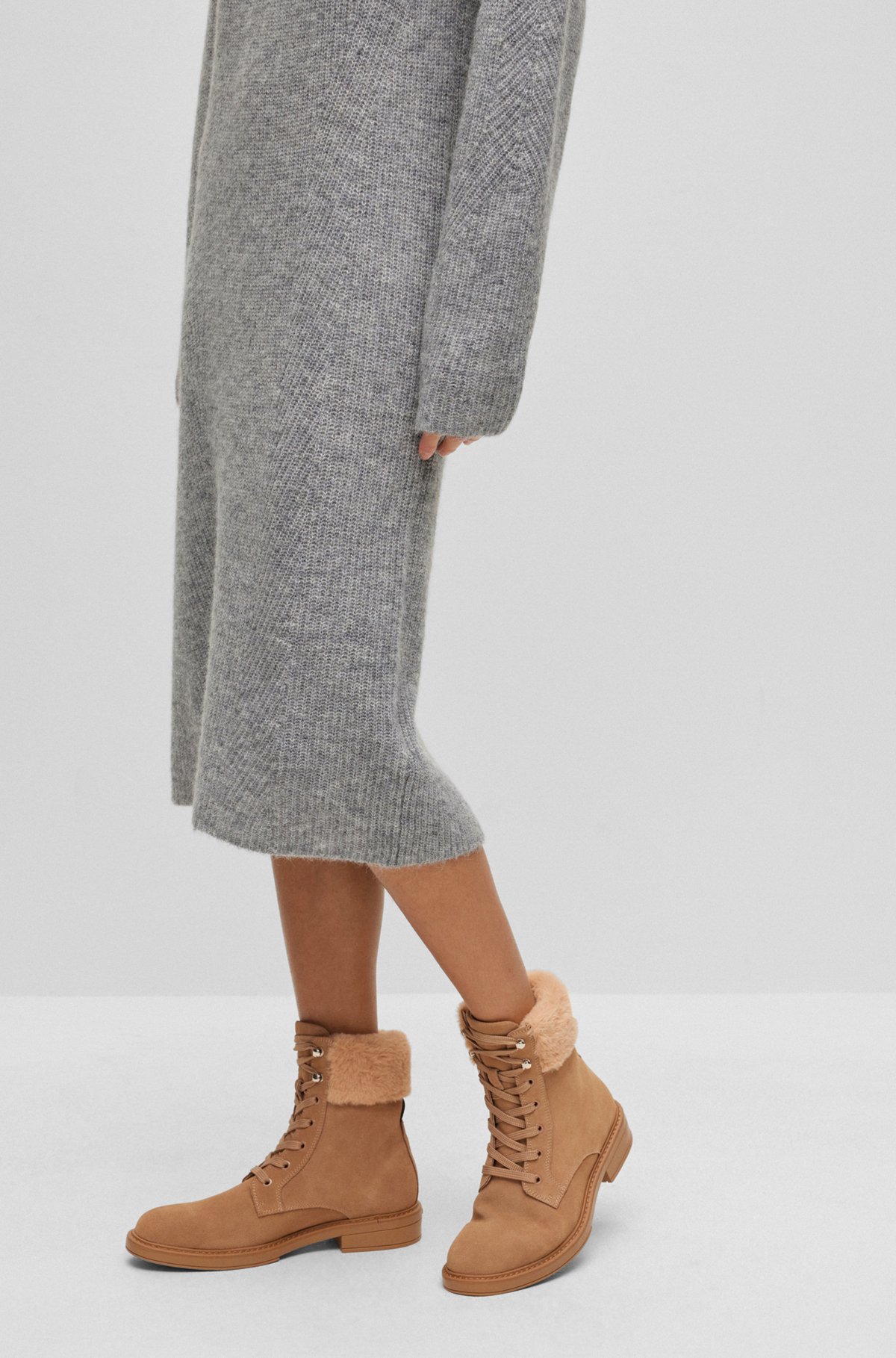 Suede lace-up boots with faux-fur collar, Beige