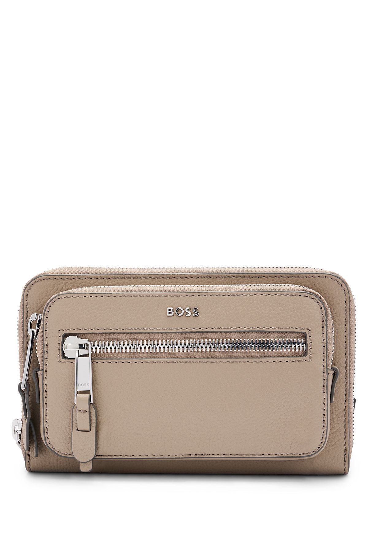 Crossbody bag in grained leather with logo lettering, Light Beige