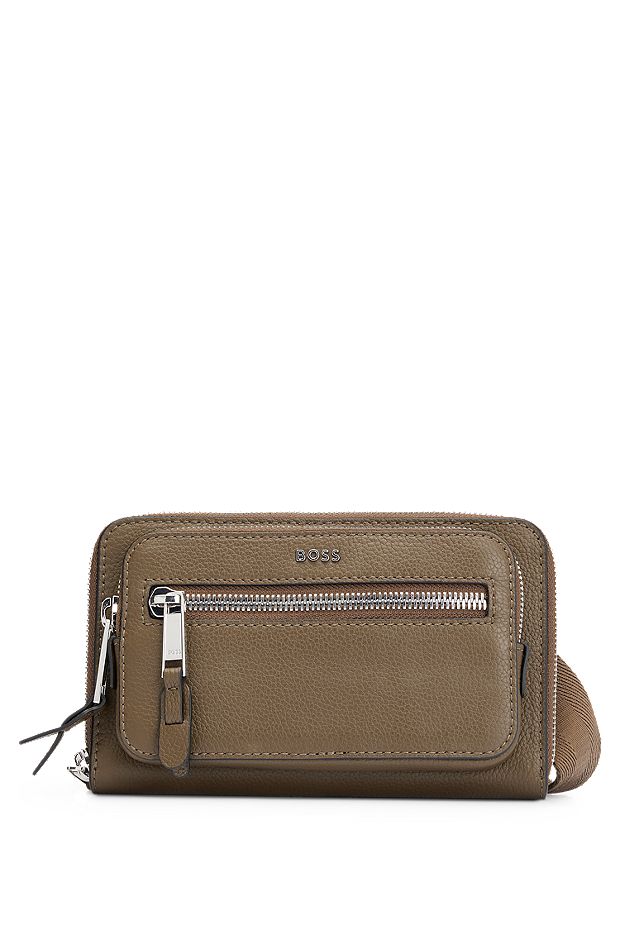 Crossbody bag in grained leather with logo lettering, Brown